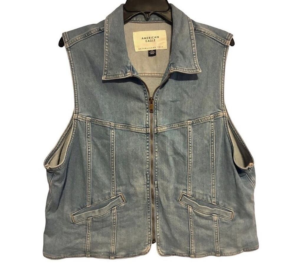 American Eagle Light Blue Zip Collared Denim Vest with Pockets Women's Size XXL